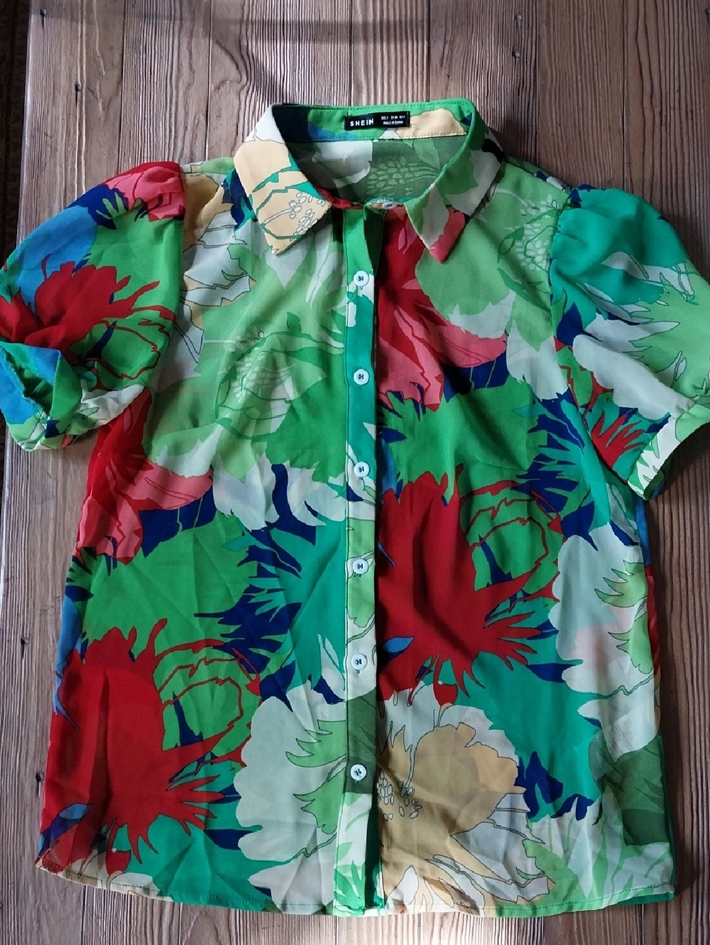 Sheer Floral Button-Up Blouse in Green, Red & Blue